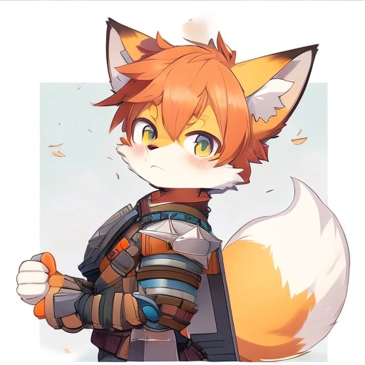 furry fury，Orange fox ears，Orange hair，Orange eye kernel，Wear body armor，Shota，Carrying a blue sword on his back，Take it，Wear body armor，military，Detailed war scenes