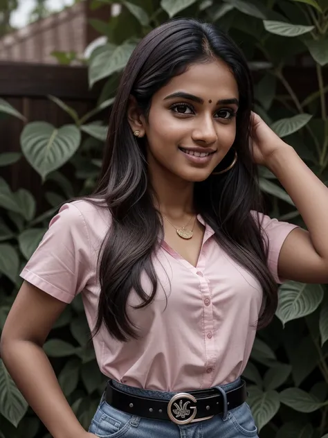 Adorable beauty, jaw dropping beauty, heavenly beauty, breath taking beauty, 25 year old Tamil girl, (round face, button nose, glossy pink lips), eyes symmetry, face symmetry, look at viewer, (wearing:1.6 pink shirt, black jeans, belt, sports shoes, wrist ...