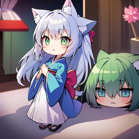 1 girl in、Long gray hair、Green eyes、Cats ears、Cats tail、Blue kimono、Chibi、Chibi Chara、Cat Pose、meow！、cute background body esbian、(High resolution of the highest quality)、((masterpiece best quality:1.2))、[[Bad face]], [[Fused fingers]]