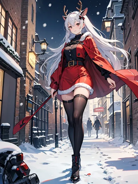 grim reaper santa claus、Beautiful woman dressed as a reindeer、Cityscape covered with snow