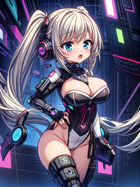 4K,hight resolution,One Woman,White blonde hair,poneyTail,head phone,Colossal tits,ninjartist,White Cybersuit,Cyberpunk Handgun,underground city、red blush、Opening Mouth、