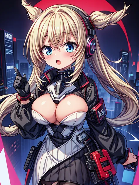 4K,hight resolution,One Woman,White blonde hair,poneyTail,head phone,Colossal tits,ninjartist,White Cybersuit,Cyberpunk Handgun,underground city、red blush、Opening Mouth、