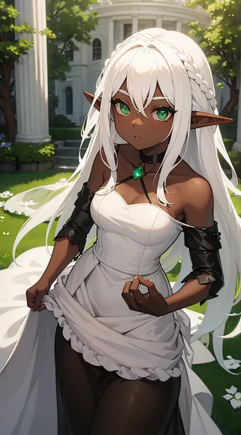 ((Dark Skin)),((Elf Woman)),((White Hair)),((Green Eyes)), ((wedding dress))