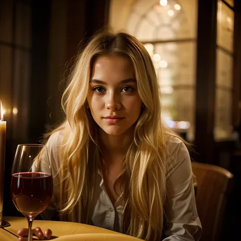 beautiful young girl, long blonde hair, looking at viewer, photorealism dining by candlelight, glass of wine on the table, hidden hands