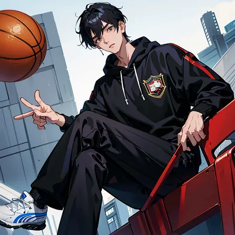 1 Korean young men，male people，20yr old，tall，Height 180 cm，Hair is medium length，Black sweatshirt，black long pants，White high top basketball shoes，sitted，Point to shoeadass anime 4k ，POV perspective，arrogant，Cold，looks into camera