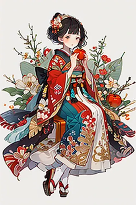 hard disk,1 mature female, solo, fruit, japanese dress, food, flower, kimono, hairaccessories, apple, holding food, holding frui...