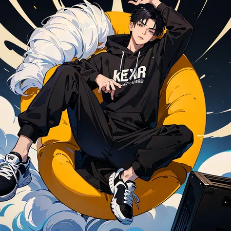 1 Korean young men，male people，20yr old，tall，Height 180 cm，Hair is medium length，Black sweatshirt，black long pants，White high top basketball shoes，sitted，Stepping on the camera with the soles of your feet，Point to shoeadass anime 4k ，POV perspective，arroga...