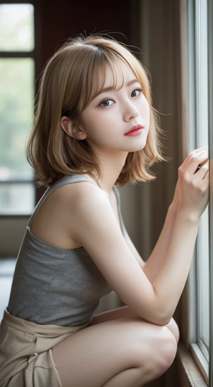 finely detail, brue eyes,a blond,hight resolution, hightquality、Perfect dynamic composition, Beautiful detailed eyes, Short Bob, small tits、Natural Color Lip,Kamimei、Shibuya、A 23-year-old girl、1 persons、Transparent skin、Glowing hair、masutepiece, Best Quali...