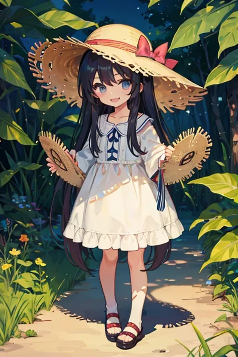 1 girl, solo, dark hair, long hair, 8 years old, child, summer clothes, straw hat, wearing hat, pretty girl, happy, smiling, (background in forest), scenery, full body