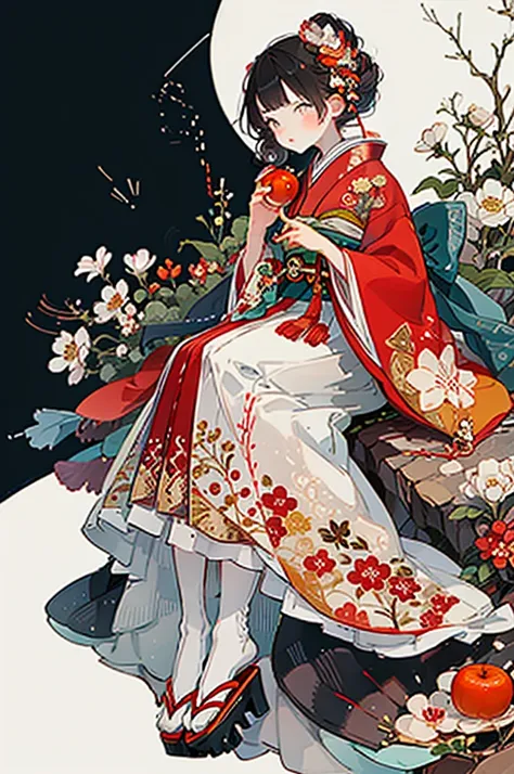 hard disk,one woman, solo, fruit, japanese dress, food, flower, kimono, hairaccessories, apple, holding food, holding fruit, hai...