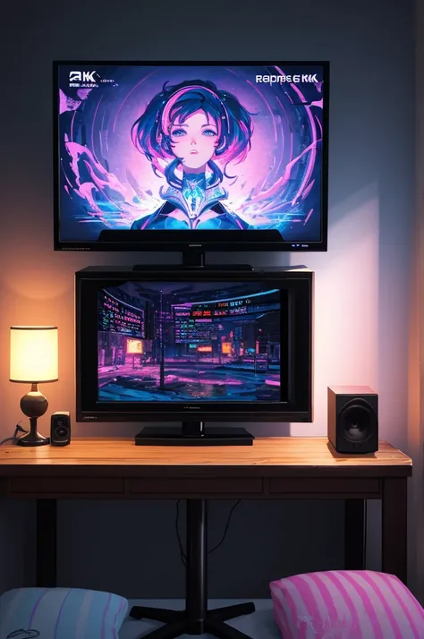 (masterpiece), (best illustration),(no humans), anime background, gaming bedroom, television with large computer, ring lighting , rim lighting,(extremely detailed CG unity 8k wallpaper),(masterpiece), (best quality), (vaporwave style), (ultra-detailed), (b...