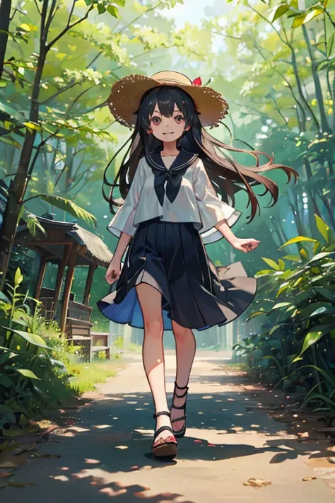 1 girl, solo, dark hair, long hair, 8 years old, child, summer clothes, straw hat, wearing hat, pretty girl, happy, smiling, (background in forest), scenery,shrine, full body