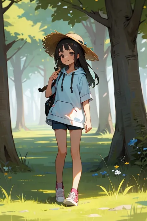 1 girl, solo, dark hair, long hair, 8 years old, child, summer clothes, shirt, hoodie, short shorts, leggings, straw hat, wearing hat, pretty girl, happy, smiling, (background in forest), scenery, full body