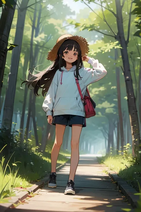 1 girl, solo, dark hair, long hair, 8 years old, child, summer clothes, shirt, hoodie, short shorts, leggings, straw hat, wearing hat, pretty girl, happy, smiling, (background in forest), scenery, full body