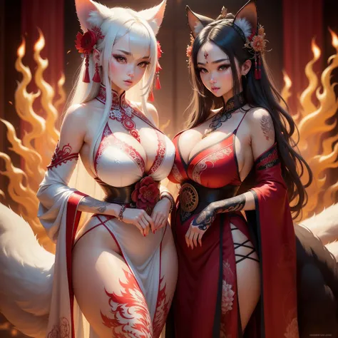 REALISTIC VISION 1.4, BETTER VAE,sharp focus, ultra detail, 32k,realistic photo, intricate details, kitsune, intricate details ,woman, nine tails,intricate details,intricate details,big tits, Voluptuous body, intricate details, Miko,clothes long white dres...