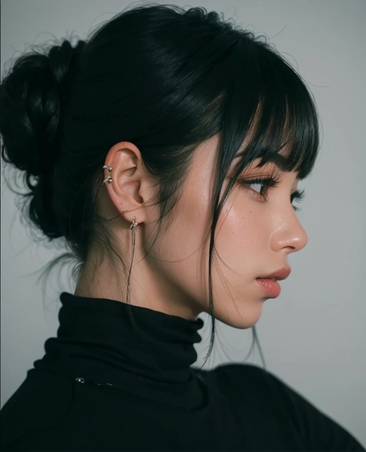 A closeup of a woman in a black turtle neck top, detailed face of a asian girl, she has black hair com franja, neat hair com franja, franja fofa, franja preta, messy bangs, Asian face, retrato centrado no perfil lateral, retrato de perfil lateral, com fran...