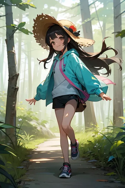 1 girl, solo, dark hair, long hair, 8 years old, child, summer clothes, shirt, hoodie, front open hoodie, short shorts, leggings, straw hat, wearing hat, pretty girl, happy, smiling, (background in forest), scenery, full body