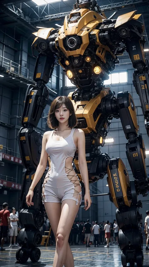 （（tmasterpiece，best qualtiy）），Large mechanical robot structure，1girl stands in front of the audience