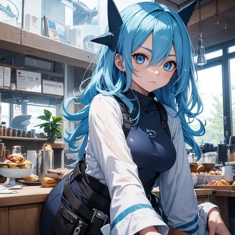 foreshortening, depth of fields, masutepiece, Best Quality, 1girl in, Blue hair, blue eyes, Long hair, Solo, Looking at Viewer, cute shark suit girl ，Relax at a rural cafe shop