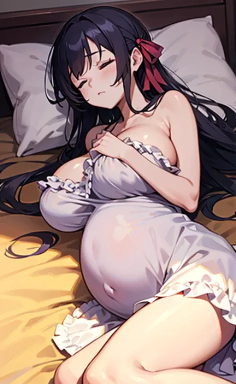 Beautiful, masutepiece, Best Quality, ultra-detailliert, 1  woman,  on the bed, on side, Pregnant,　frilly dress,　Long hair,　twin drilllack hair,　Hair Ribbon, huge breasts,　sleeping,　Closed eyes,　lying.