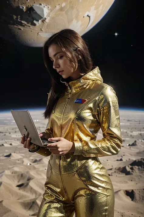 woman teaching programming, with a laptop in her hand, in a space environment of an unknown planet, she dressed in a gold suit with silver and red mixtures, the sky totally blue, the surrounding landscape with a meadow with extreme beauty