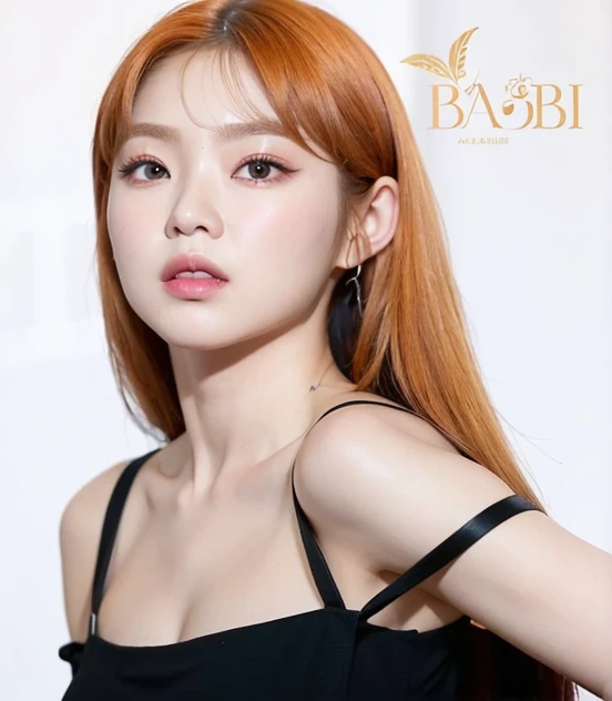 un primer plano de una mujer con el pelo largo y rojo con un vestido negro, Sun Yunjoo, jennie, maquillaje coreano popular, maquillaje popular de Corea del Sur, jennie de Blackpink, Parque Roseanne de Blackpink, Jossi de Blackpink, Parque Ji-min, portrait ...