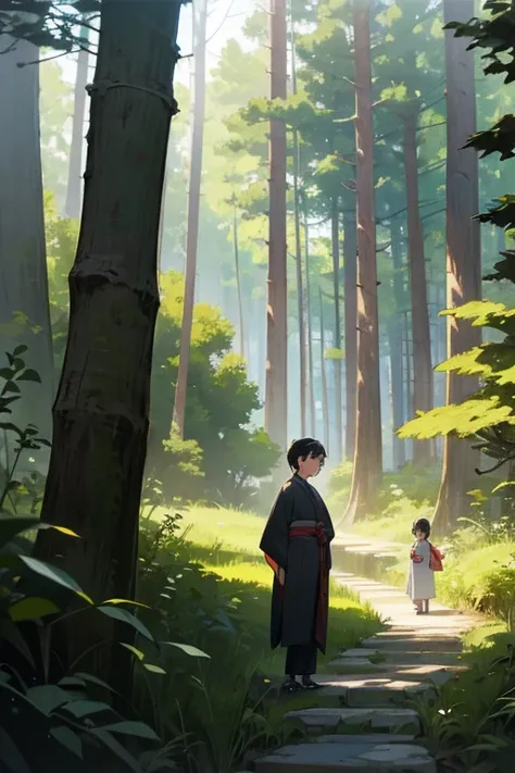 1 girl, 1 boy, 8 years old girl, 12 years old boy, black hair, girl in summer dress, boy in kimono, (background in forest), scenery