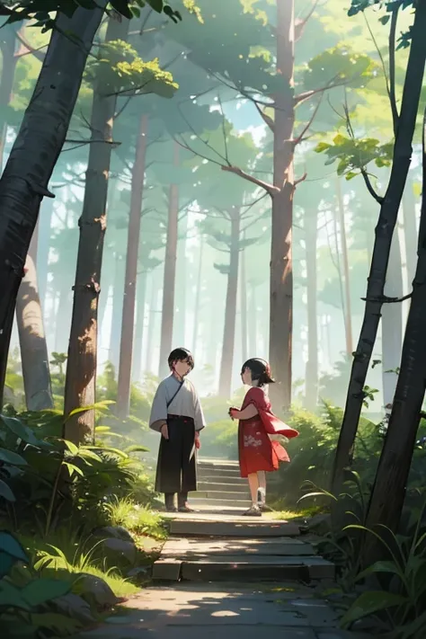 1 girl, 1 boy, 8 years old girl, 12 years old boy, black hair, girl in summer dress, boy in kimono, (background in forest), scenery