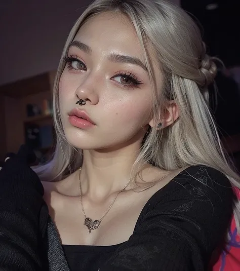 Woman with a tattoo on her arm and a necklace, cruel korean goth girl, Ulzzang, com cabelos curtos, Ela tem cabelo preto com franja, 🤤 retrato da menina, Jinyoung Canela, com cabelo curto com franja, menina coreana, preto hime corte cabelo, 18 anos, goth g...