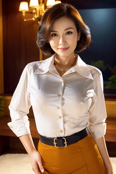 Mature and attractive woman,よりlarge full breasts,detailed facial features,Beautiful eyes,Full lips,long eyelashes,Perfectly styled hair,luxurious《White blouses、Y shirt》Put on the,Standing confidently,Smile radiantly,With a captivating gaze,posing elegantly...