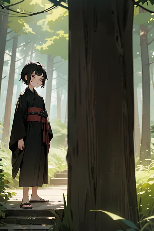 1 girl, 1 boy, (hetero),  8 year old girl, 12 year old boy, black hair, (girl in summer dress), boy in black kimono, (background in forest),