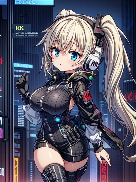 4K,hight resolution,One Woman,White blonde hair,poneyTail,head phone,Colossal tits,ninjartist,White Cybersuit,Cyberpunk Handgun,underground city