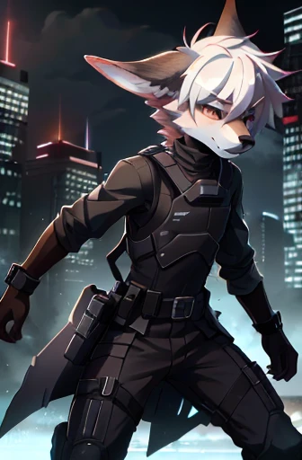 Boy, small, ((twink)), fluffy white fur, jackal, ((androgynous)), anthro, slender, swat gear, police, night, snowy city, red glow, battle dress