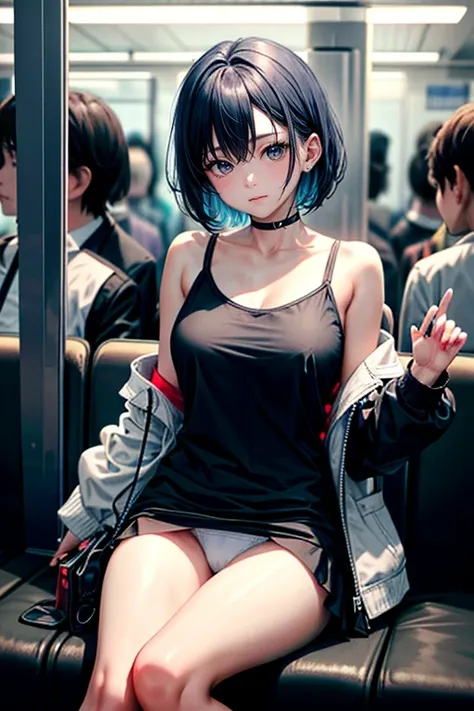 (best quality, 4k, 8k, highres, masterpiece:1.2), blue hair、Shorthair。bobhair。breasts are big and beautiful.。In an overcrowded train、sitting on a horizontal seat。Please show your white panties to the person in front of you.。The legs are open。He wears a T-s...