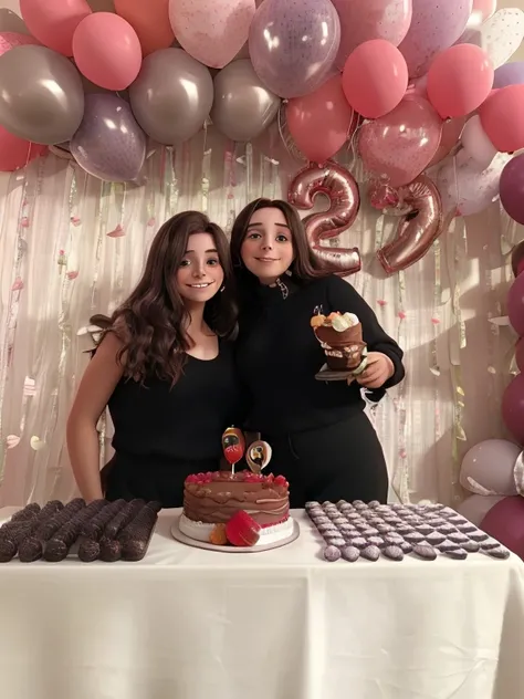 two women in front of a table with cake and balloons, 21 anos, she is 2 3, 2 9 anos, 25 anos, 2 5 anos, 2 2 anos, 2 8 anos, 2 5 I, 2 3 anos, 2 4 anos, ela tem cerca de 2 5 anos, 2 0 anos