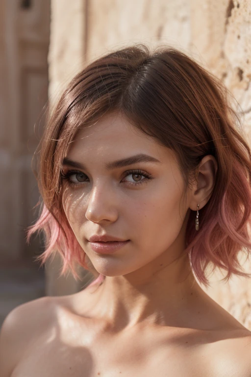 Instagram models posing in morocco, beautiful detailed eyes, beautifully detailed lips, extremely detailed eyes and face, short wavy pink hair ((best quality)), ((masterpiece)), (detailed), perfect face