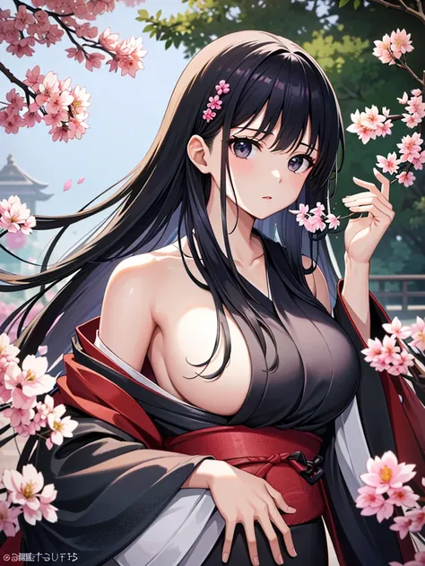 masterpiece、high-level image quality、photographrealistic、a beauty girl、silber hair、Black eyes、Glossy red kimono、Japanese garden、Shiny hair、Longhaire、huge tit、Upper body shots、The wind is blowing naked tits hanging out