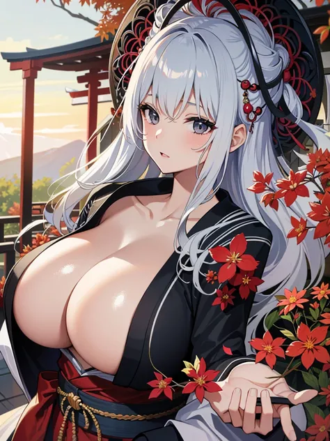 masterpiece、high-level image quality、photographrealistic、a beauty girl、silber hair、Black eyes、Glossy red kimono、Japanese garden、Shiny hair、Longhaire、huge tit、Upper body shots、The wind is blowing naked tits hanging ou