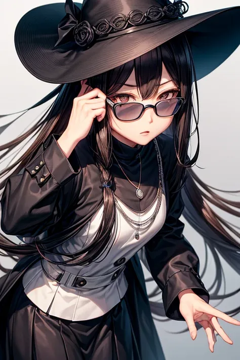 30 years old Japanese lady, wearing a black unwoven mask and blue glasses, brown dyed long slender straight hair, wearing a black small size boater hat and black dress, dark brown eyes, silver necklace, a little big eyes, a wristwatch on her right hand lis...