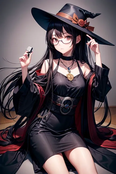 30 years old Japanese lady, wearing a black unwoven mask and blue glasses, brown dyed long slender straight hair, wearing a black small size boater hat and black dress, dark brown eyes, silver necklace, a little big eyes, a wristwatch on her right hand lis...