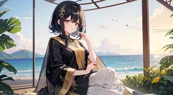 black hair girl、(Saree:1.4)、Sareeを着た女の子、animesque、absurderes、Being at the seaside