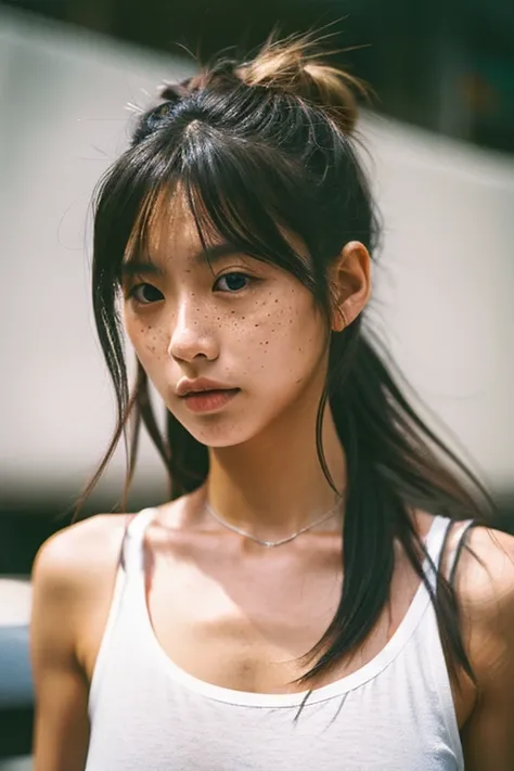 1girl, idol, close-up, collarbone,  ,, photo, film, depth of field, skin texture, t-shirt, rubber band, topknot, long hair, messy hair, freckles,