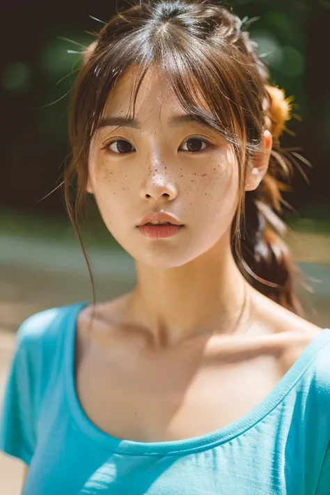 1girl, idol, close-up, collarbone,  ,, photo, film, depth of field, skin texture, t-shirt, rubber band, topknot, long hair, messy hair, freckles,