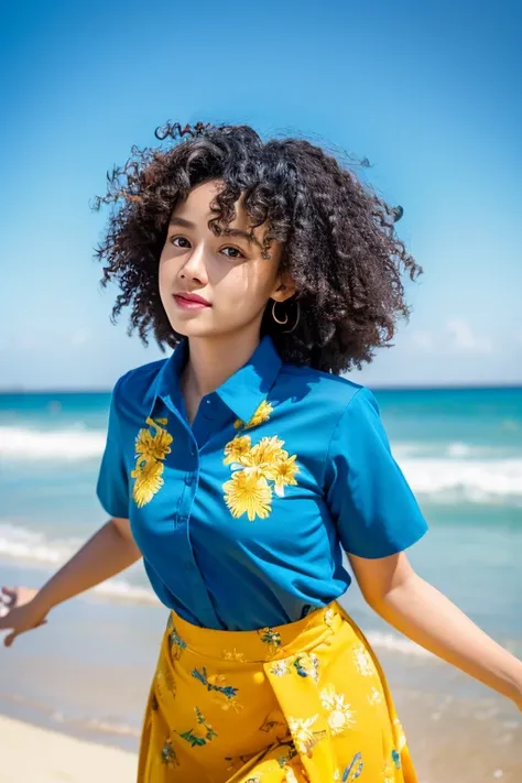 Ultra-realistic, 4k, professional photo, 22 year old girl, black girl, big curly hair, HDR, detailed face, medium body, yellow skirt with flower, (open blue shirt), Masterpiece, (lighting), (1solo), beach background, realistic background, realistic photo