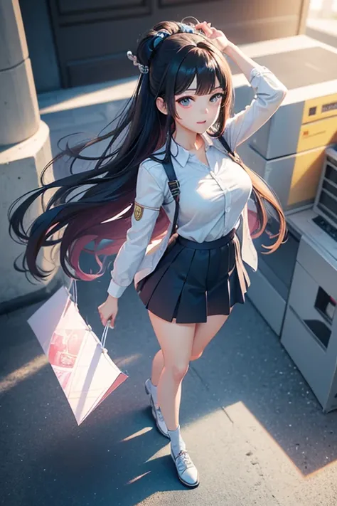 High Quality, 4K, In Frame, Close Up Portrait of Black Hair Woman in White Shirt and Light Blue Skirt, Photorealistic Anime Girl Render, Cute 3D Anime Girl Render, April Rendering, Anime VTuber Full Body Model, Full Body Xianxia, Live2D Virtual Youtuber Mo...