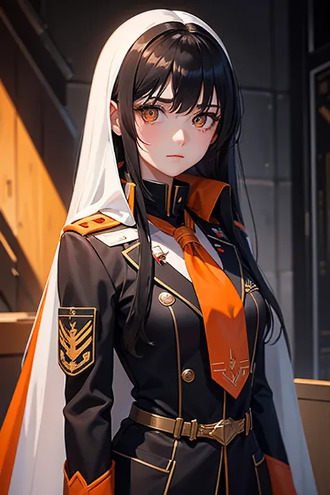 long black-haired white 17-year-old girl wear military suit, orange cape, big hazel eyes, sci-fi, dark mood, charturnerv2