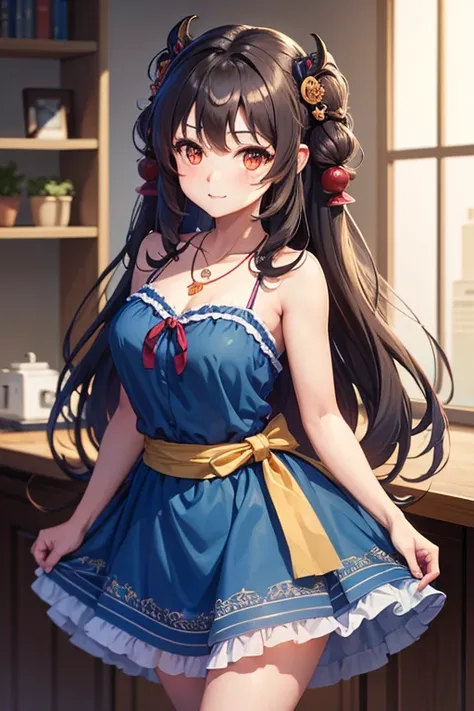 best quality, mastery, detailed hair, highres, (((yunyun))) ,necklace, hair ornament, (Beautiful face), blue dress, looking at viewer, blue hair, standing, （Above the waist），Medusa