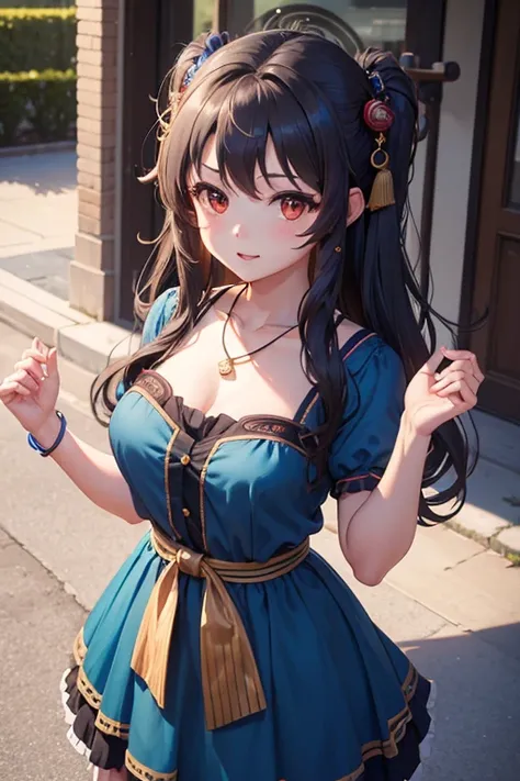 best quality, mastery, detailed hair, highres, (((yunyun))) ,necklace, hair ornament, (Beautiful face), blue dress, looking at viewer, blue hair, standing, （Above the waist），Medusa