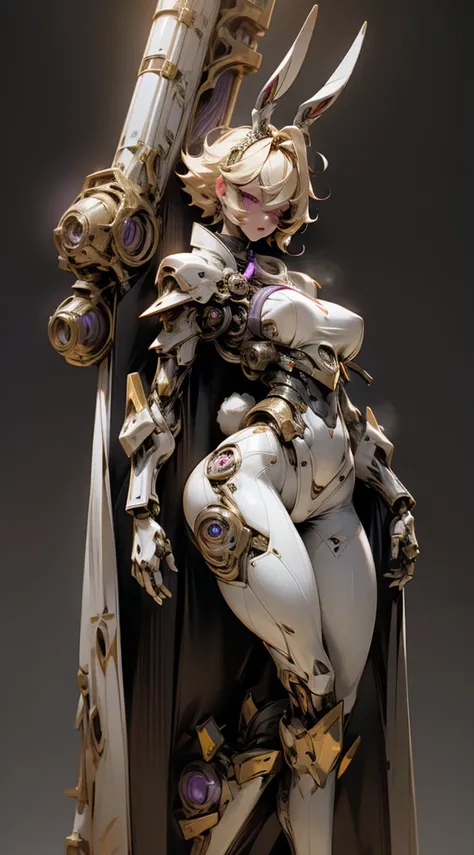 Woman, adult, with blonde hair, With short hair, with purple eyes, With rabbit ears, with white skin, with big breasts, with a mechanical body, with big thighs.