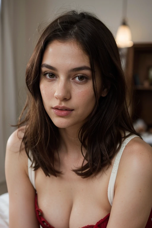 ((best quality)), ((masterpiece)), (detailed), perfect face realistic photo of beautiful woman with long dark brown hair, Russian, influencer, light freckles, dark brown eyes, big lips, no makeup, instagram, a black and white photo of a woman in a dress, a...